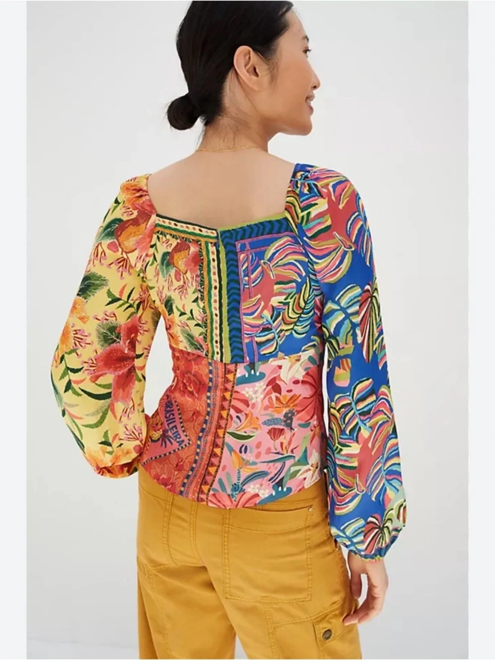 Farm Rio Printed Puff-Sleeved Blouse Beaded Tassels Back Zipper Sz Medium